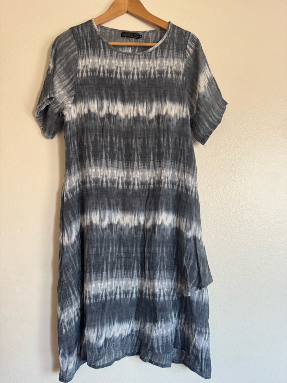 Gray & White Tie-Dye Short Sleeve Silk Blend Tunic Dress Boho Lagenlook Hippie